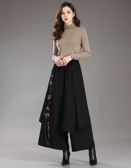 Pantalon Jupe Noir Brodé Ample Asymétrique Élégant - Polyester