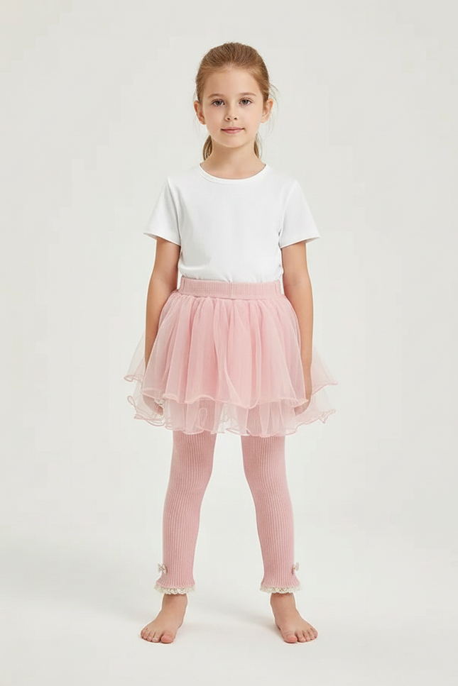 Pantalon Jupe Rose Tulle Superposé Nœuds Fille - Maille