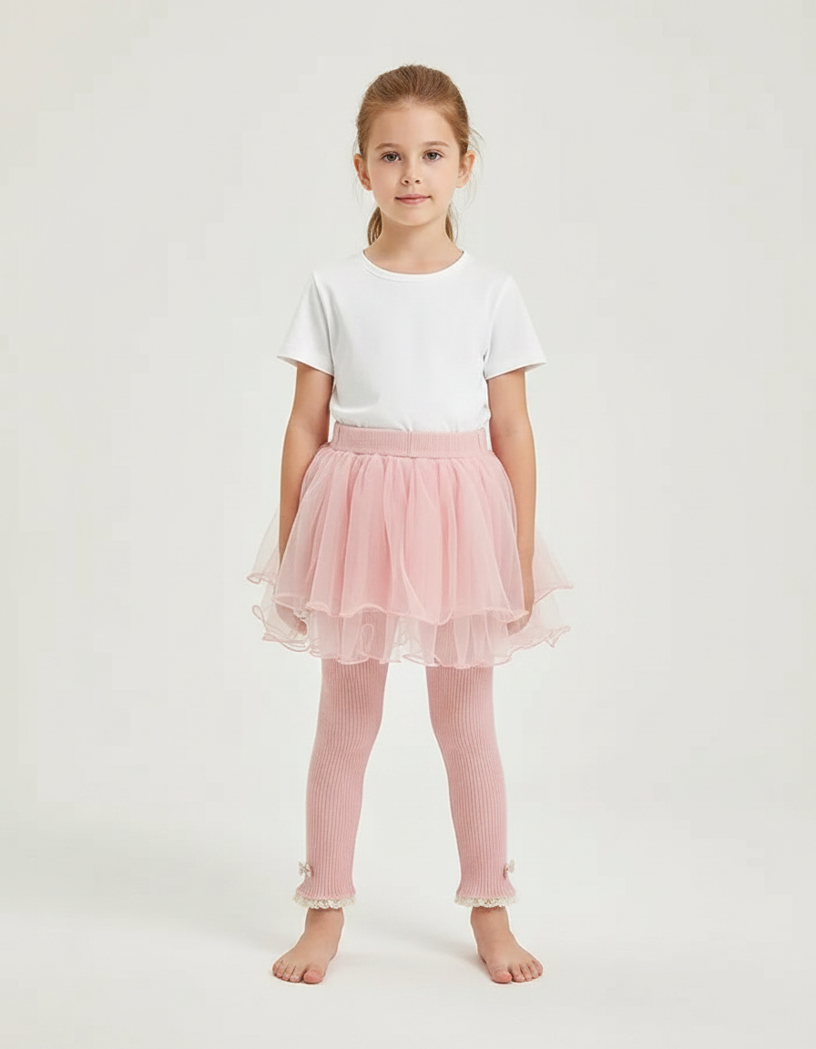 Pantalon Jupe Rose Tulle Superposé Nœuds Fille - Maille