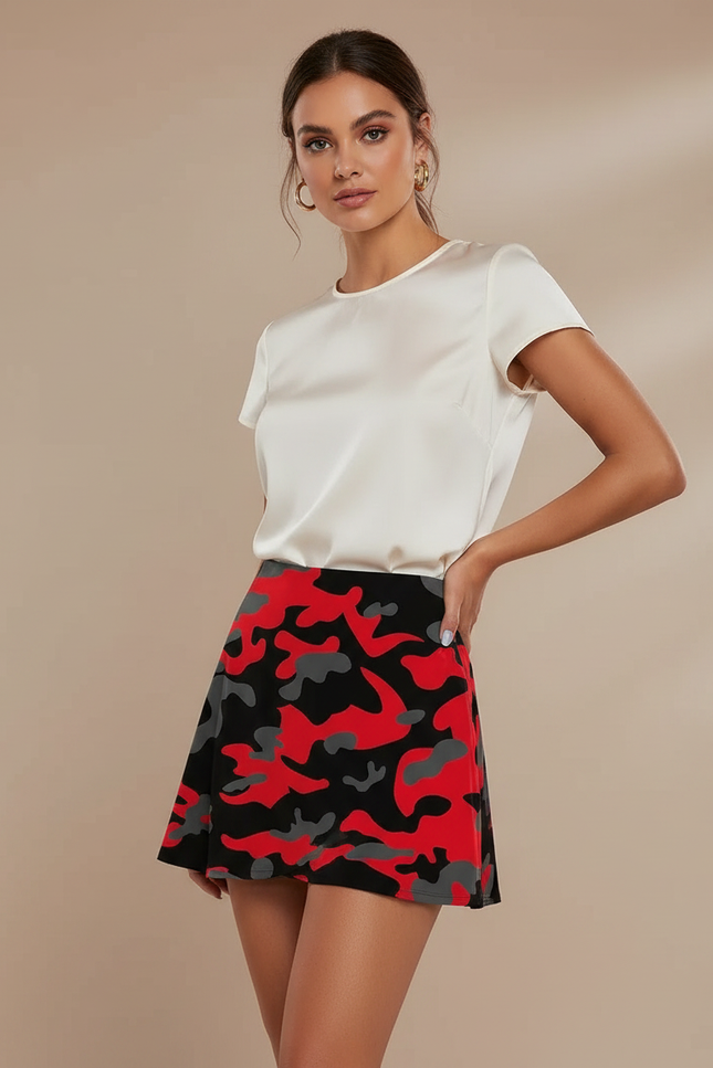 Pantalon Jupe Camouflage Rouge Noir Fluide Femme - Multicolore Maille
