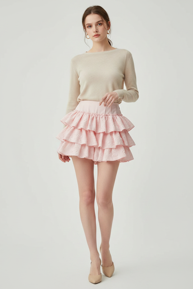 Pantalon Jupe Rose Volants Texturé Doux Estival - Polyester