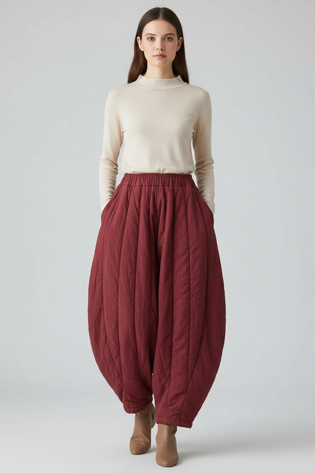 Pantalon Jupe Bordeaux Matelassé Ample Hiver Chaud - Coton