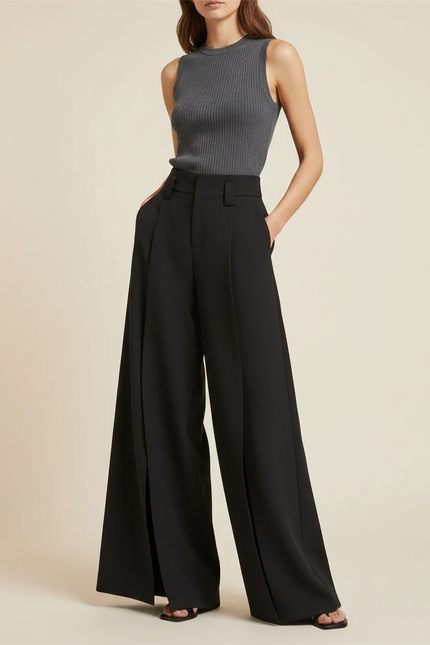 Pantalon Jupe Noir Ample Plissé Fendu Élégant - Gabardine