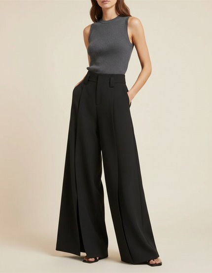 Pantalon Jupe Noir Ample Plissé Fendu Élégant - Gabardine