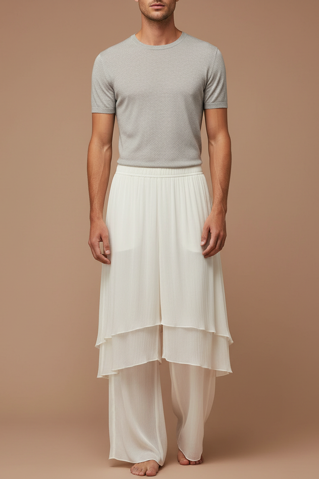 Pantalon Jupe Blanc Plissé Superposé Fluide Ample - Polyester