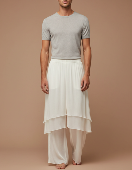 Pantalon Jupe Blanc Plissé Superposé Fluide Ample - Polyester
