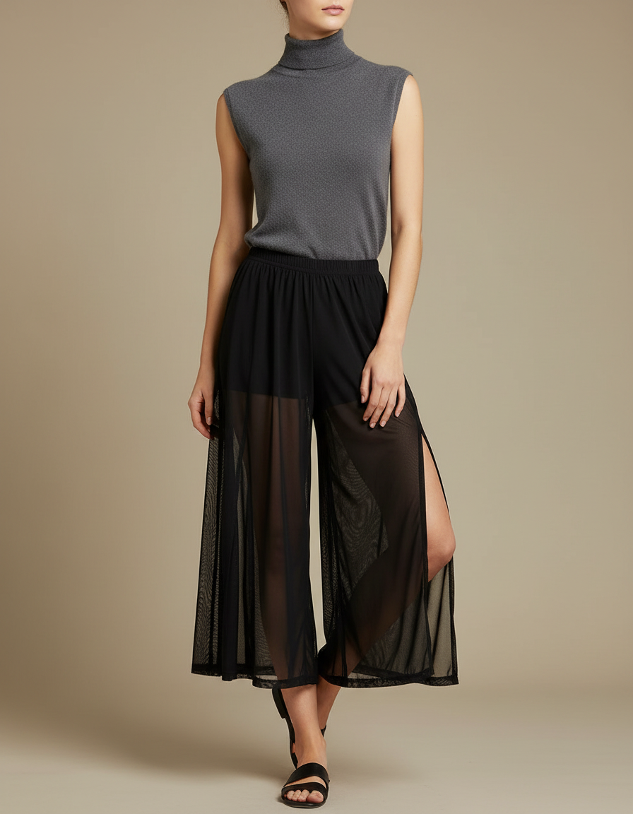 Pantalon Jupe Noir Transparent Fendu Fluide Léger - Maille