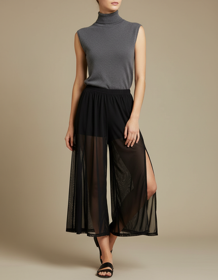 Pantalon Jupe Noir Transparent Fendu Fluide Léger - Maille