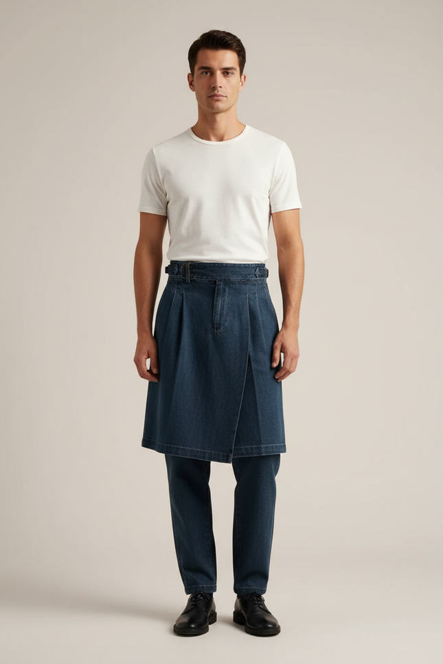 Pantalon Jupe Jean Bleu Plissé Ample Décontracté