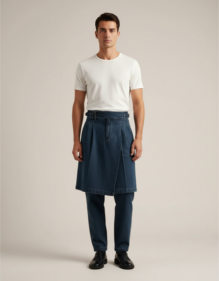 Pantalon Jupe Jean Bleu Plissé Ample Décontracté