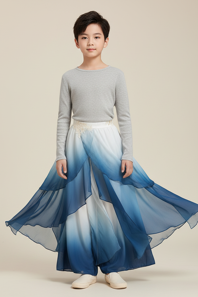 Pantalon Jupe Bleu Dégradé Fluide Gaze Élégant - Soie