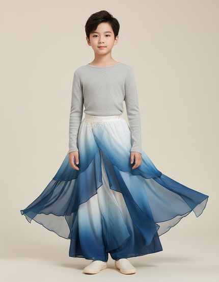 Pantalon Jupe Bleu Dégradé Fluide Gaze Élégant - Soie