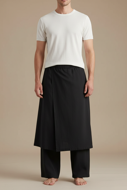 Pantalon Jupe Noir Ample Asymétrique Coton Lin