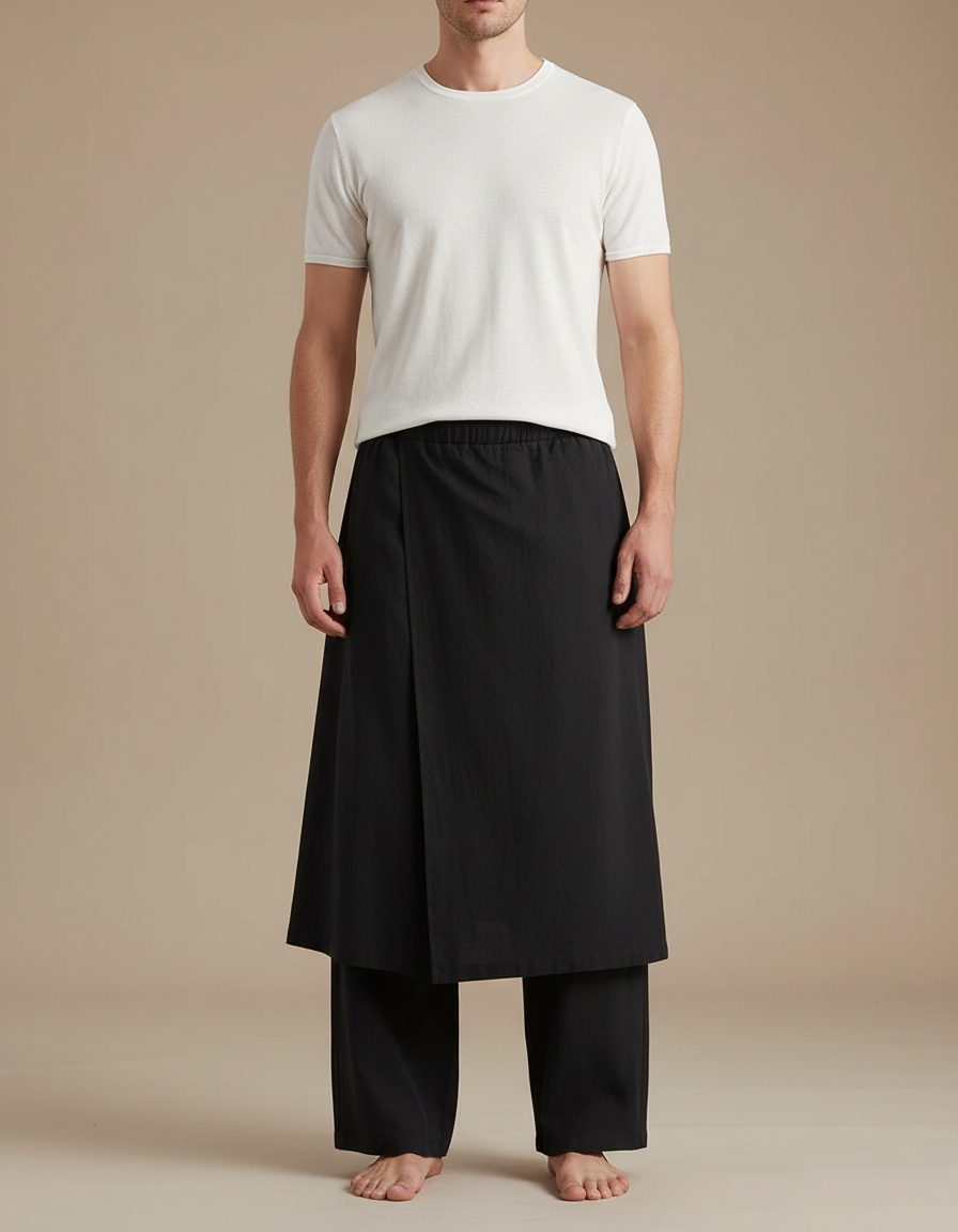 Pantalon Jupe Noir Ample Asymétrique Coton Lin