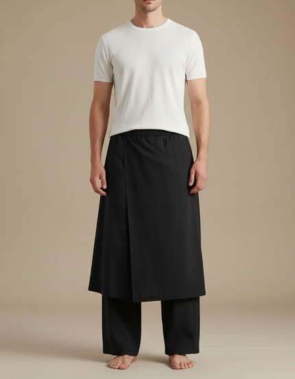 Pantalon Jupe Noir Ample Asymétrique Coton Lin
