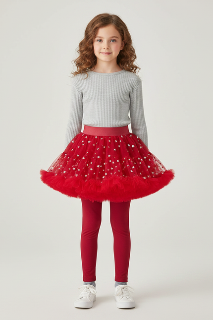 Pantalon Jupe Rouge Tulle Étoiles Intégré Fille - Maille
