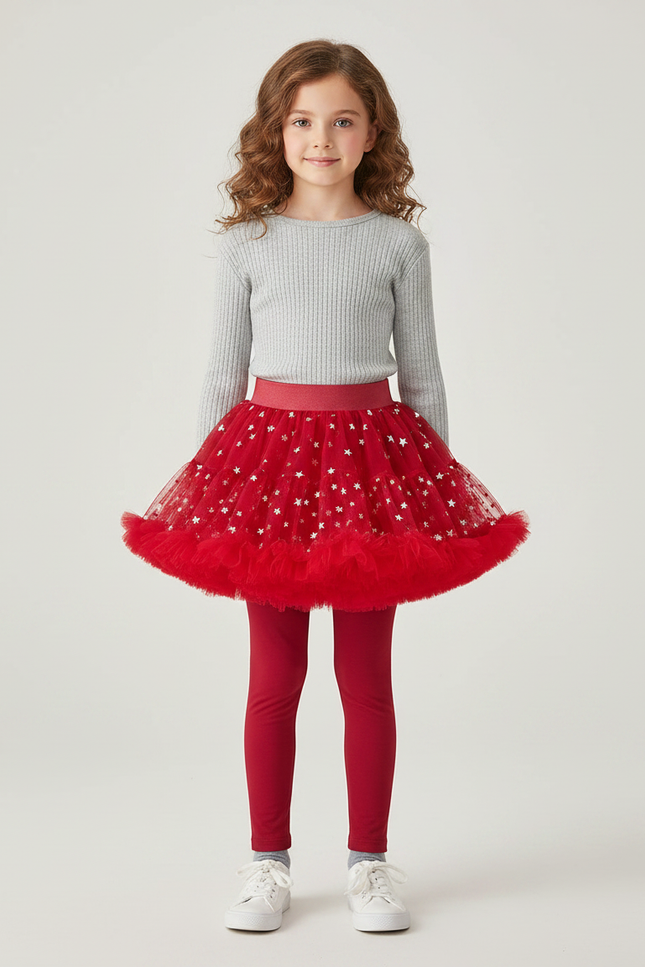 Pantalon Jupe Rouge Tulle Étoiles Intégré Fille - Maille