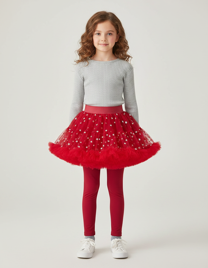 Pantalon Jupe Rouge Tulle Étoiles Intégré Fille - Maille
