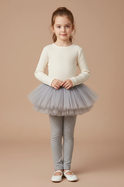Pantalon Jupe Gris Tutu Superposé Confortable Fille Maille