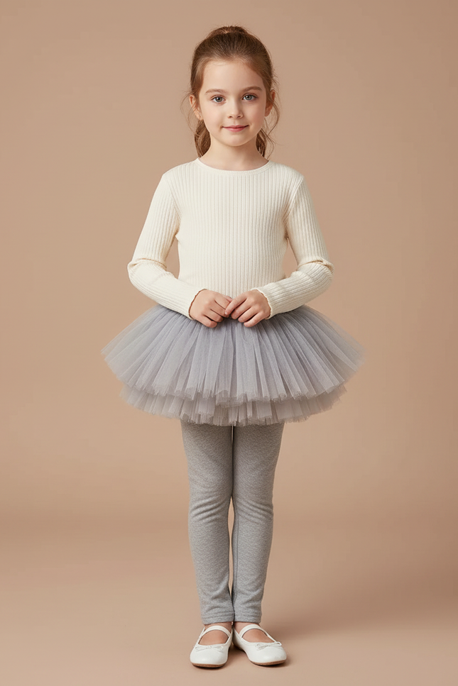 Pantalon Jupe Gris Tutu Superposé Confortable Fille Maille