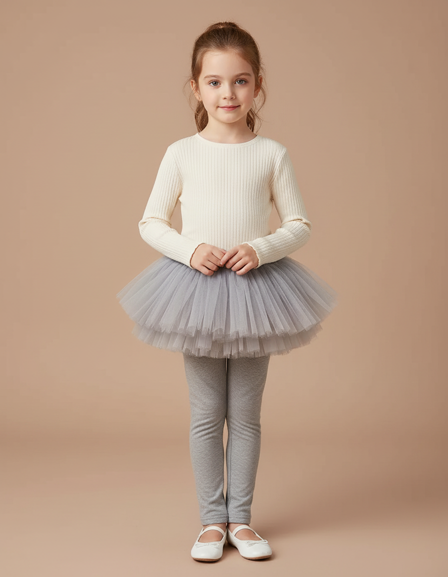 Pantalon Jupe Gris Tutu Superposé Confortable Fille Maille