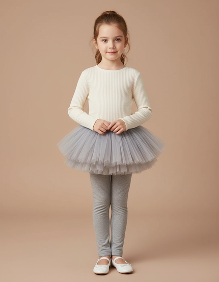 Pantalon Jupe Gris Tutu Superposé Confortable Fille Maille