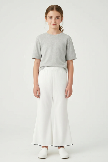 Pantalon Jupe Blanc Côtelé Élastique Ondulé Fille - Maille