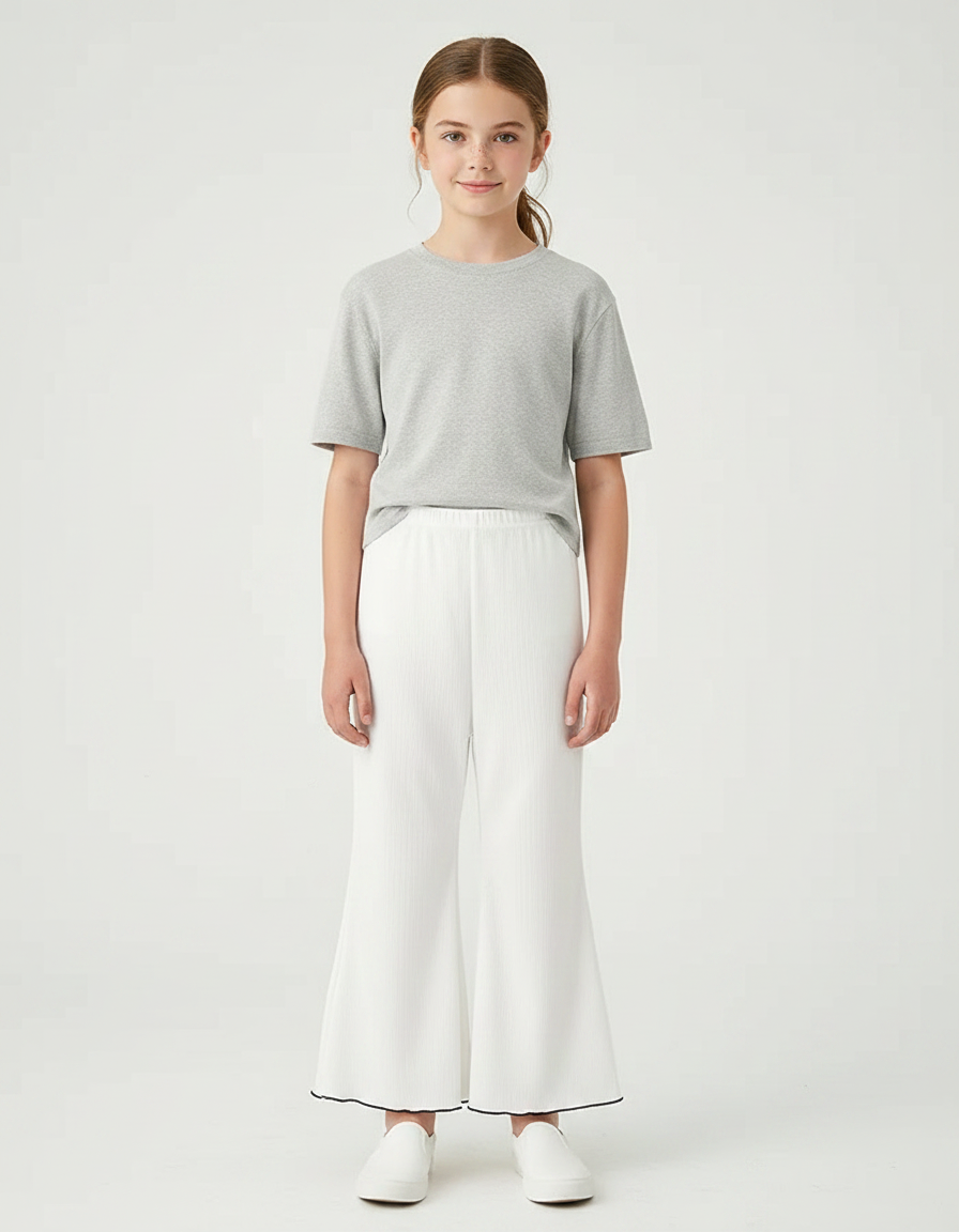 Pantalon Jupe Blanc Côtelé Élastique Ondulé Fille - Maille