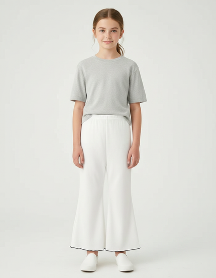 Pantalon Jupe Blanc Côtelé Élastique Ondulé Fille - Maille