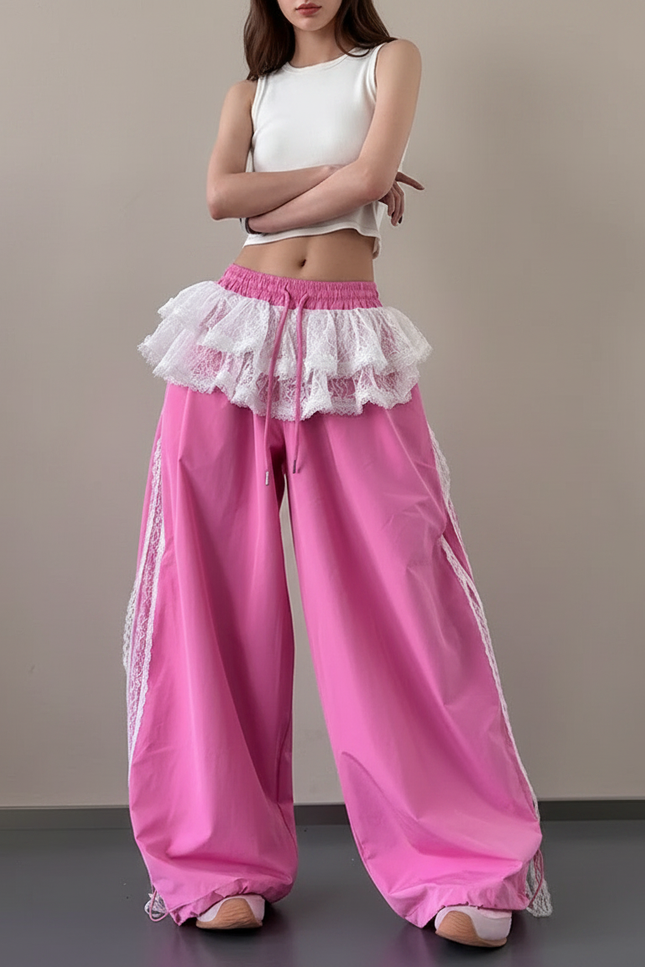 Pantalon Jupe Rose Dentelle Ample Large Fluide - Polyester