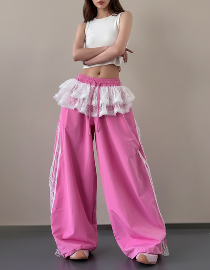 Pantalon Jupe Rose Dentelle Ample Large Fluide - Polyester