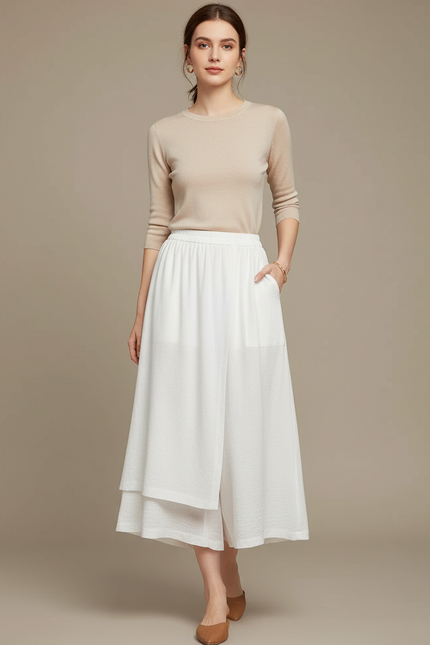 Pantalon Jupe Blanc Fluide Ample Superposé Confortable - Lin