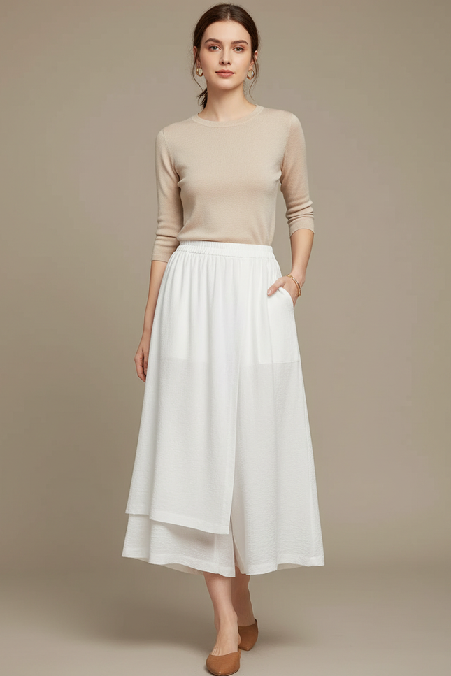 Pantalon Jupe Blanc Fluide Ample Superposé Confortable - Lin