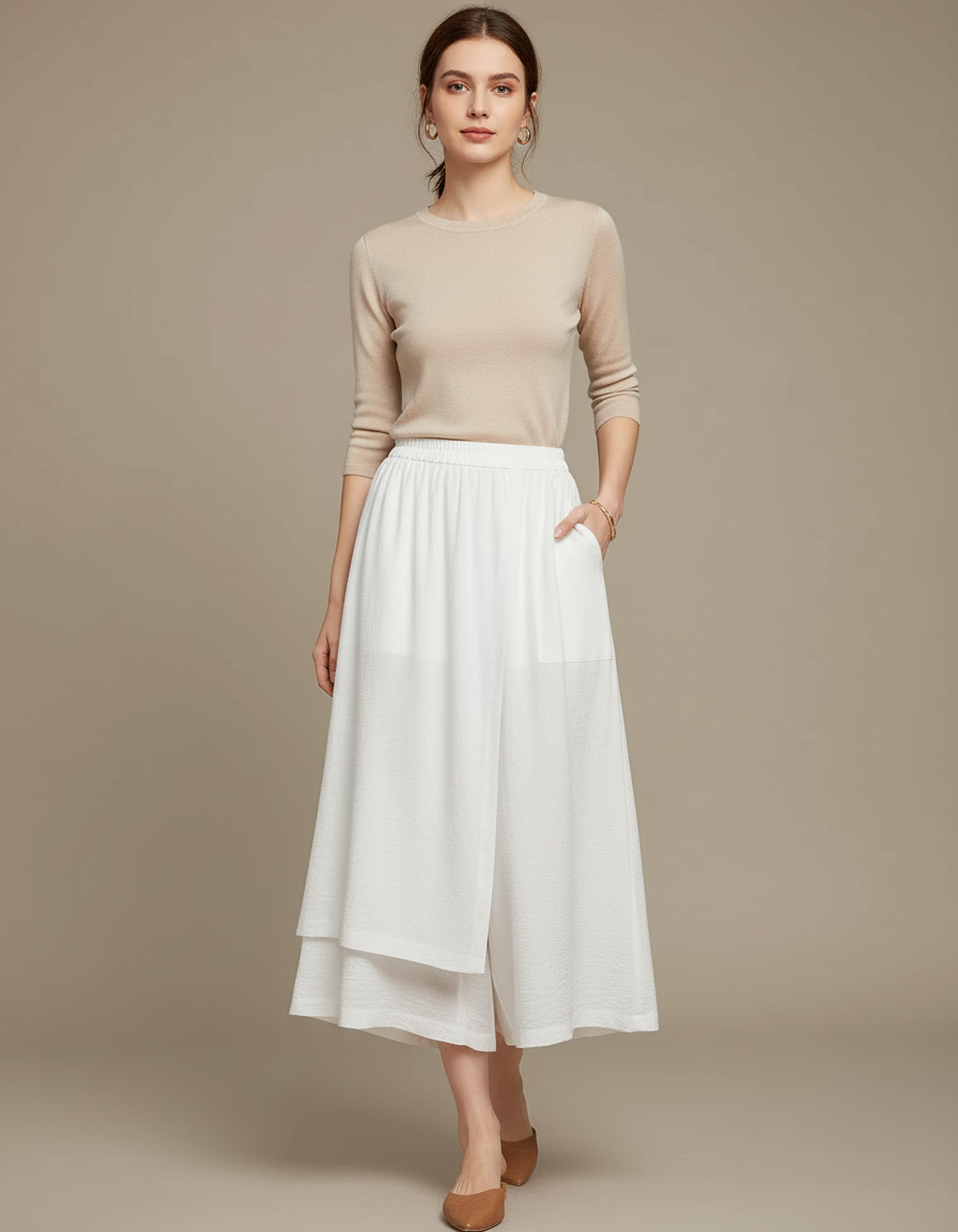 Pantalon Jupe Blanc Fluide Ample Superposé Confortable - Lin