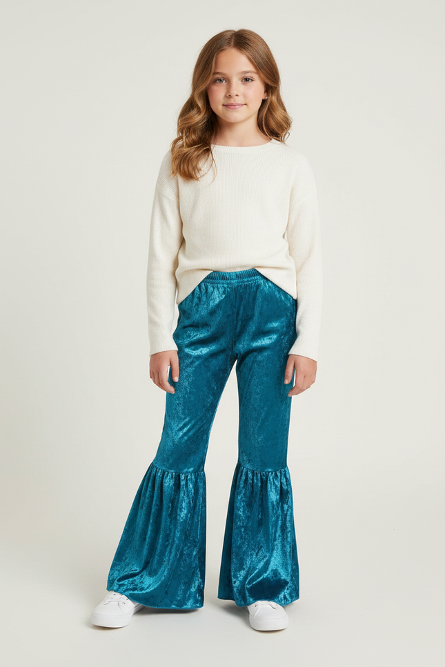 Pantalon Jupe Velours Bleu Évasé Volants Fille
