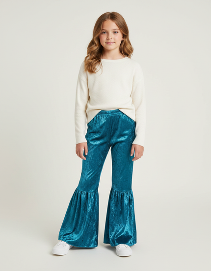 Pantalon Jupe Velours Bleu Évasé Volants Fille
