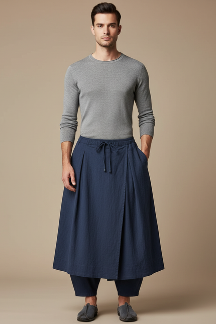 Pantalon Jupe Bleu Marine Coton Ample Plissé Homme
