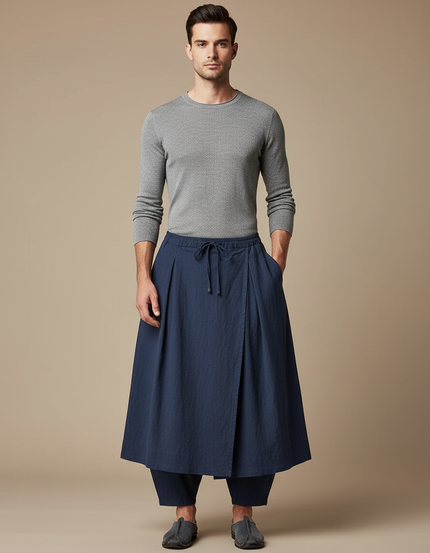 Pantalon Jupe Bleu Marine Coton Ample Plissé Homme
