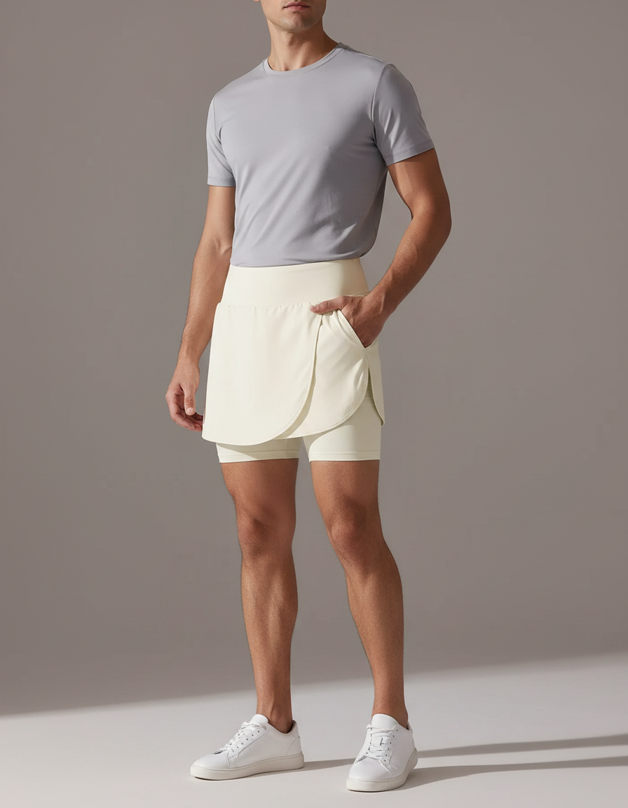 Pantalon Jupe Crème Superposé Moulant Sportif Léger - Beige Polyester