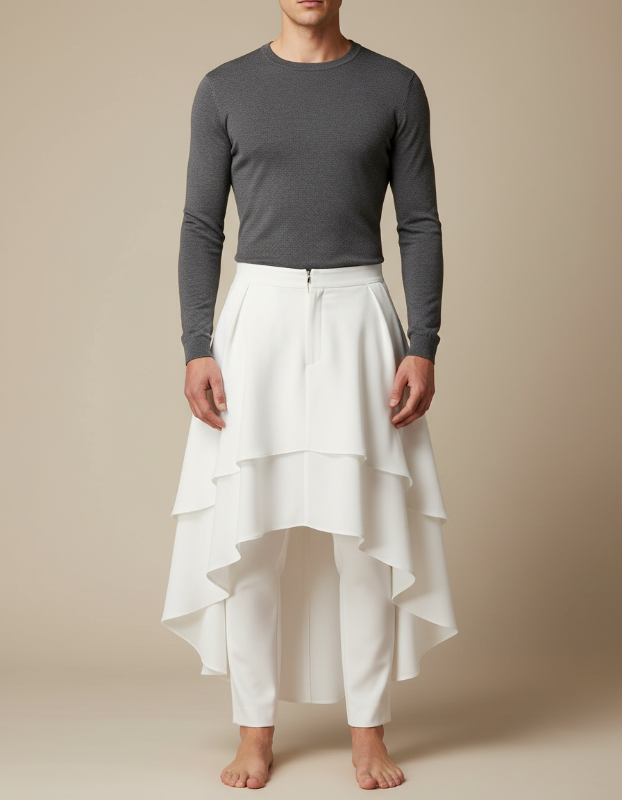 Pantalon Jupe Blanc Superposé Fluide Élégant Homme - Polyester