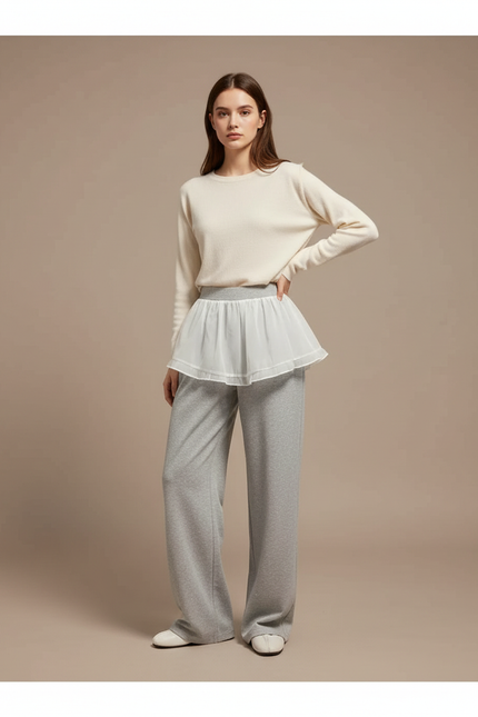 Pantalon Jupe Gris Fluide Superposé Tulle Blanc - Molleton