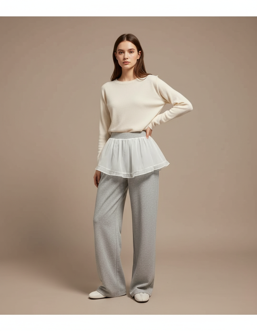 Pantalon Jupe Gris Fluide Superposé Tulle Blanc - Molleton
