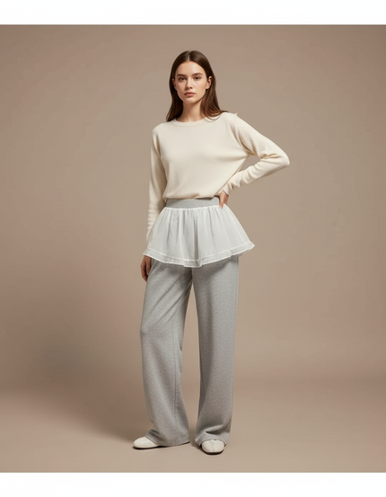 Pantalon Jupe Gris Fluide Superposé Tulle Blanc - Molleton