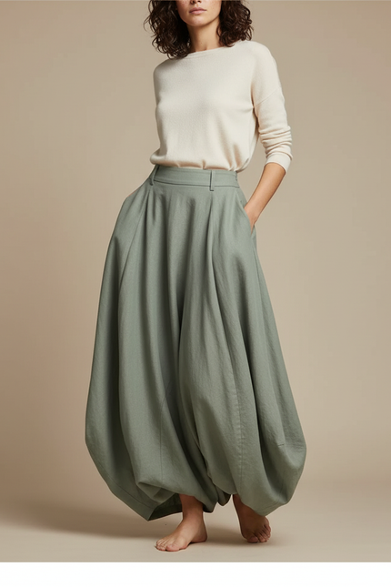 Pantalon Jupe Vert Sauge Ample Coton Lin