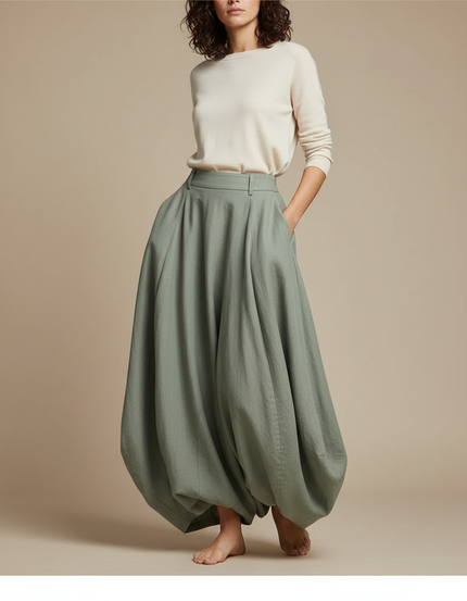 Pantalon Jupe Vert Sauge Ample Coton Lin