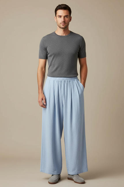 Pantalon Jupe Bleu Ciel Ample Plissé Fluide Homme - Lin