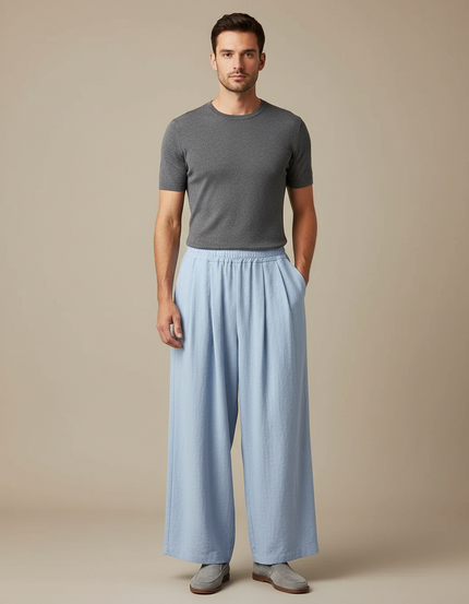 Pantalon Jupe Bleu Ciel Ample Plissé Fluide Homme - Lin