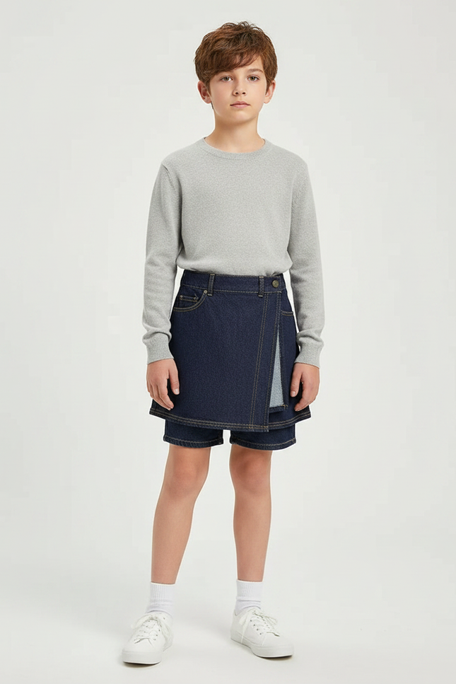 Pantalon Jupe Denim Bleu Marine Vintage Enfant - Jean