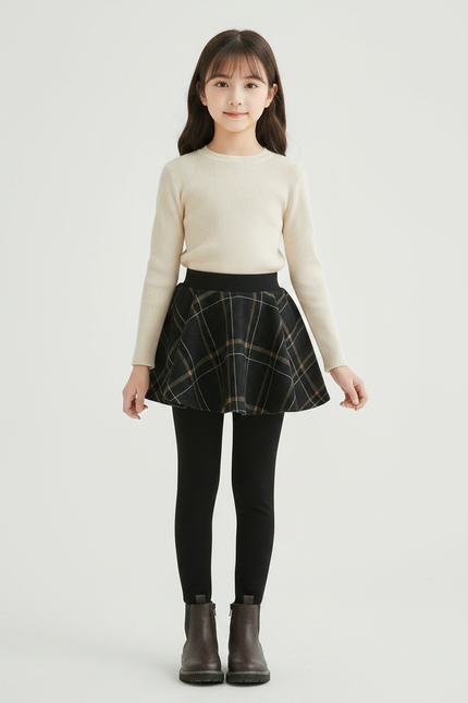 Pantalon Jupe Écossais Noir Plissé Velours Doux - Maille