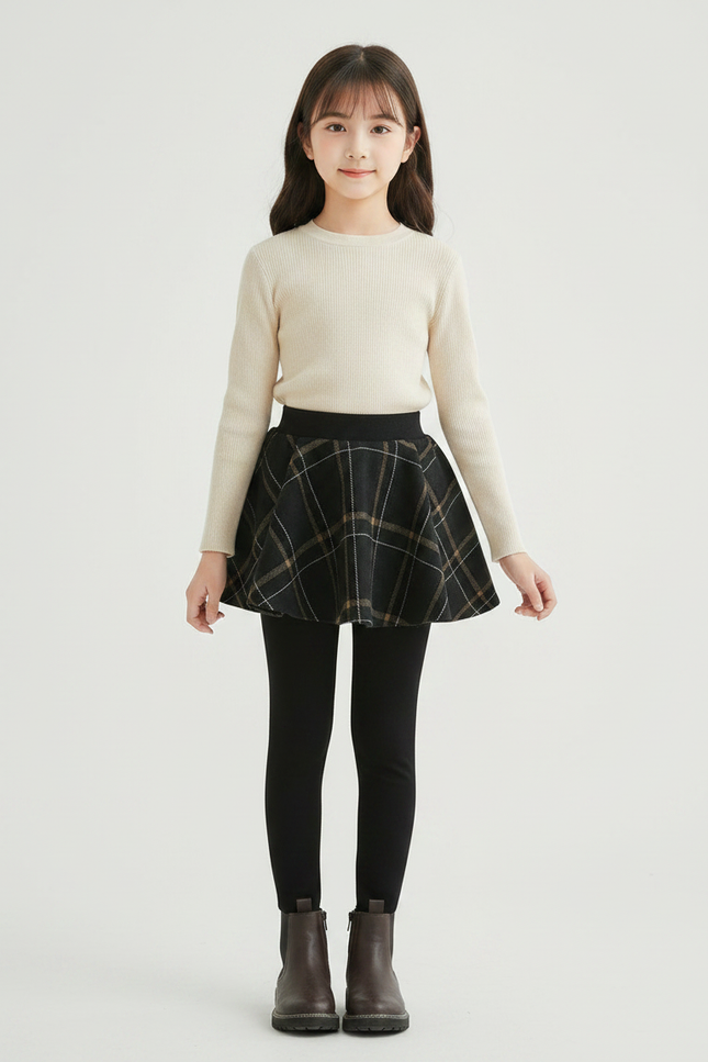 Pantalon Jupe Écossais Noir Plissé Velours Doux - Maille
